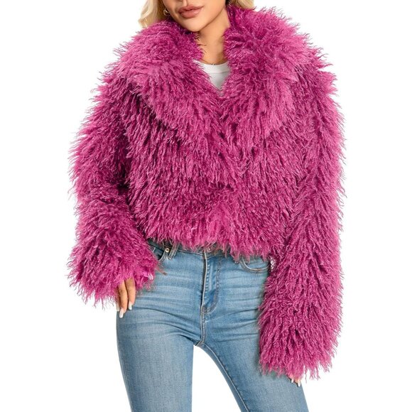 Faux Fur Coat for Women Pink Plus Size Cropped Fluffy Fall Jacket Winter Wear - Picture 1 of 4